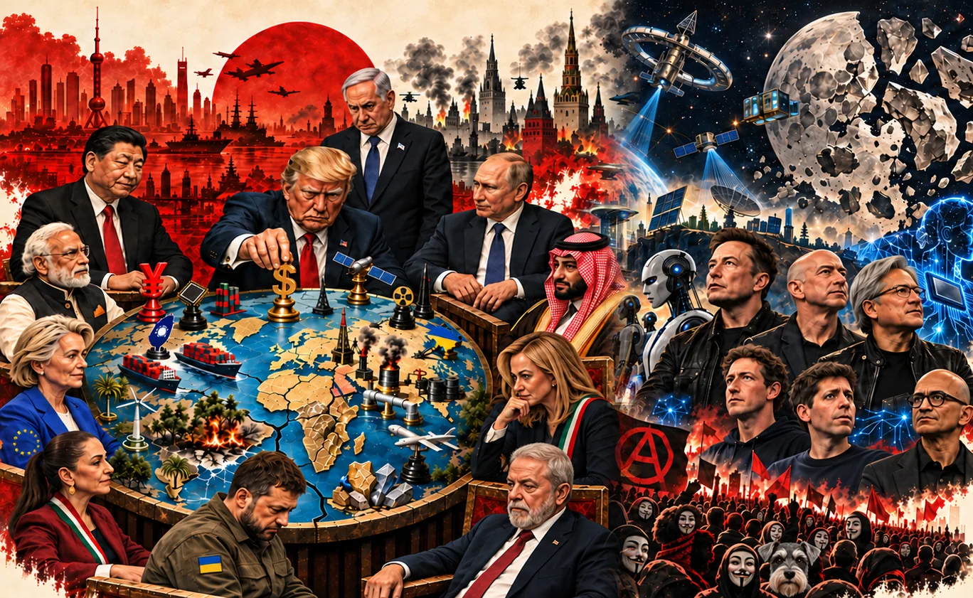 Ilustración: a la izquierda, líderes de Estados Unidos, China, Rusia, Israel, India, Arabia Saudita, la Unión Europea, Italia, México, Ucrania y Brasil alrededor de un mapa del mundo agrietado con fichas de dólar y yuan, buques, ductos y petróleo; a la derecha, satélites, estaciones espaciales, robots, dueños de las grandes tecnológicas y una multitud con máscaras y banderas anarquistas.
